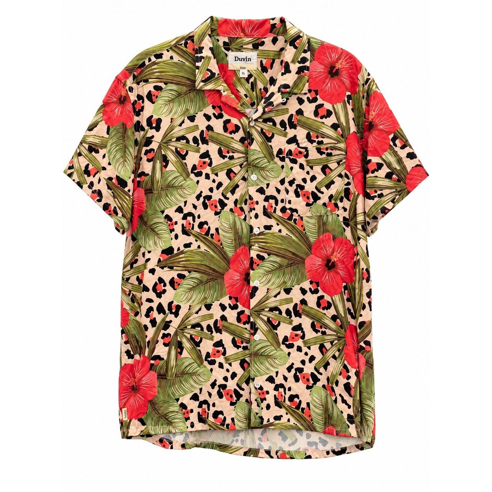 Duvin Design Leo Hawaiian Shirt Men's XL Leopard Floral Tropical Rayon Button Up